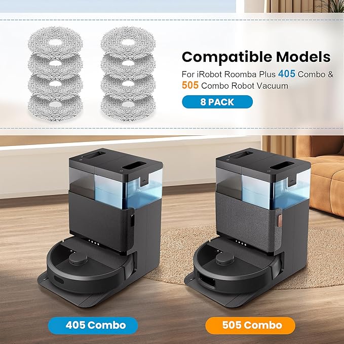 8 Pack Replacement Mop Pads Compatible with iRobot Roomba Plus 405 Combo / 505 Combo / 507 Combo Robot Vacuum Cleaner, Reusable & Washable Microfiber Mop Cloth Refill