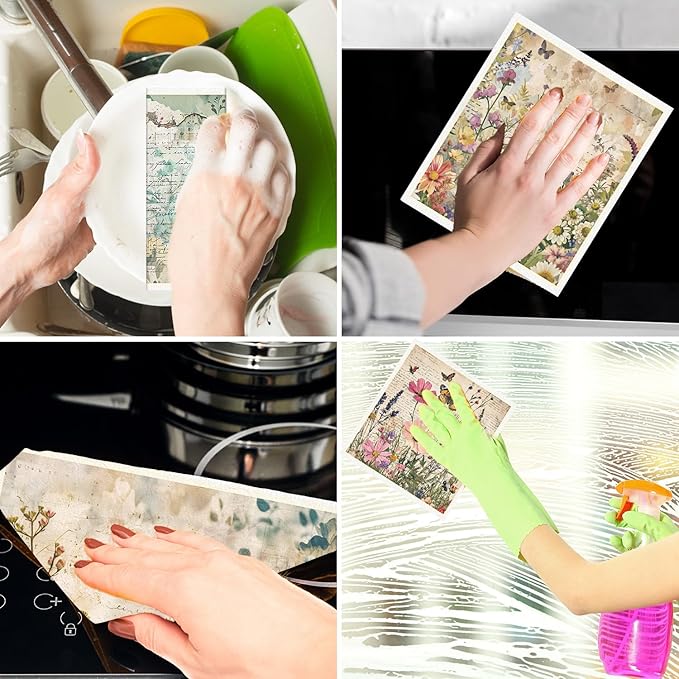 Vintage Floral Swedish Dishcloths for Kitchen 6PCS Floral Swedish Cloths for Washing Dishes Reusable Retro Wildflower Themed Washable Kitchen Towels Sponge Cloths for Home Party Cleaning