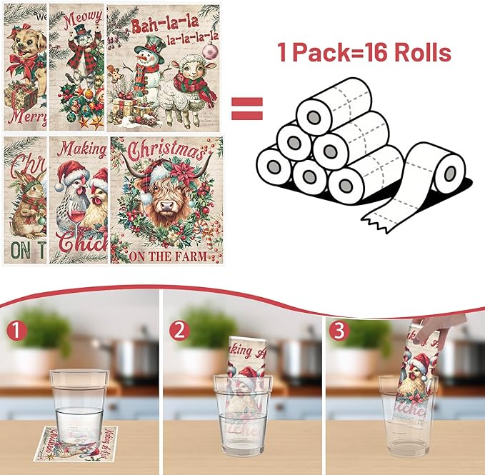 Christmas Swedish Dishcloths for Kitchen, 6 Pack Vintage Farm Animals Reusable Paper Towels Housewarming Gifts for Women, Xmas Absorbent Dish Rags for Home Cleaning