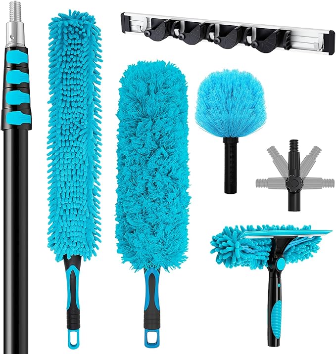 Acellegic 36ft High Ceiling Duster Kits with 7-30ft Extension Pole Heavy Duty, Ceiling Fan Duster and Feather Cleaner, Cobweb Remover & Blue Window Squeegee Kit, Household Cleaning Supplies
