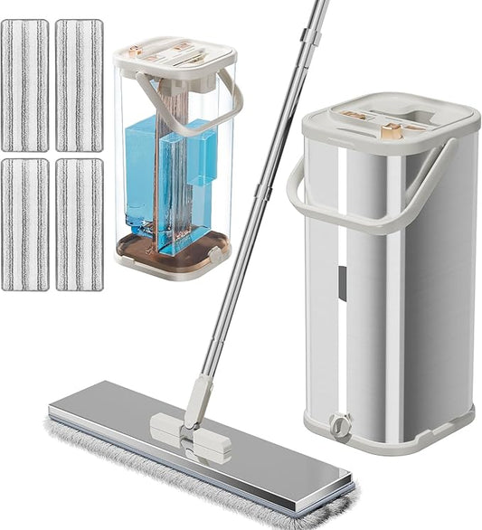 SWIFTIRON Separates Dirty Water Mop, Flat Mop and Bucket for Home with 4 Extra Refills, Stainless Steel Mop and Bucket with Wringer (Silver)
