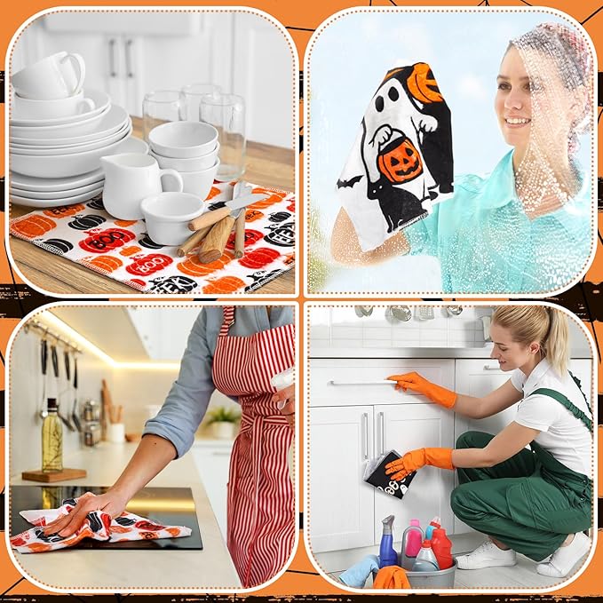 36 Pcs Halloween Reusable Paper Towels Rolls Washable Bulk Halloween Boo Pumpkin Kitchen Towels Paperless Reusable Cloth Cotton Napkins with Cardboard for Kitchen Bathroom