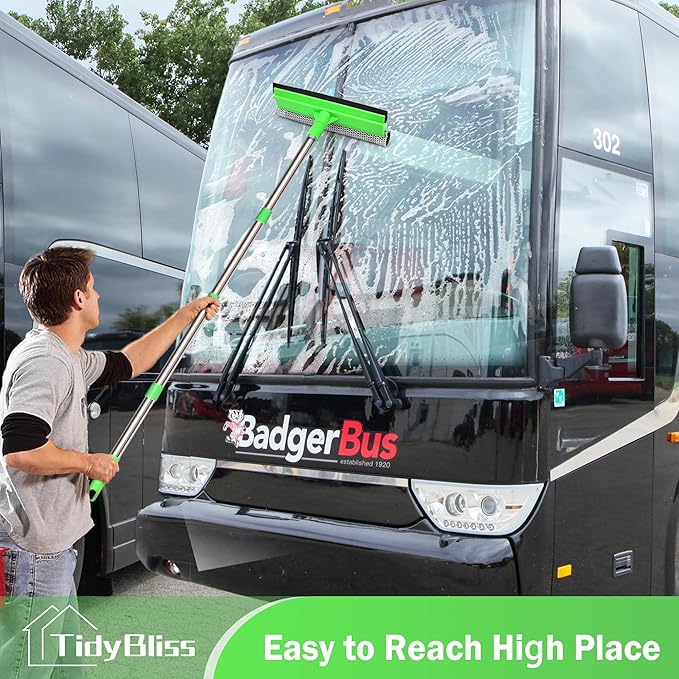 TidyBliss Window Squeegee Professional, 56” Car Windshield Glass Cleaner Tool with Extension Pole, Long Handle Household 10 inches Washer Sponge Scrubber Kit for Cleaning Home Mirror Outdoor (Green)
