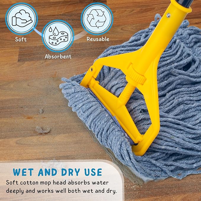 Commercial Mop for Floor Cleaning, 59'' Heavy Duty Industrial Mops with Long Handle, Cotton String Wet Mop for Garage, Office, Warehouse, Home, Workshop (2 Mops Head)