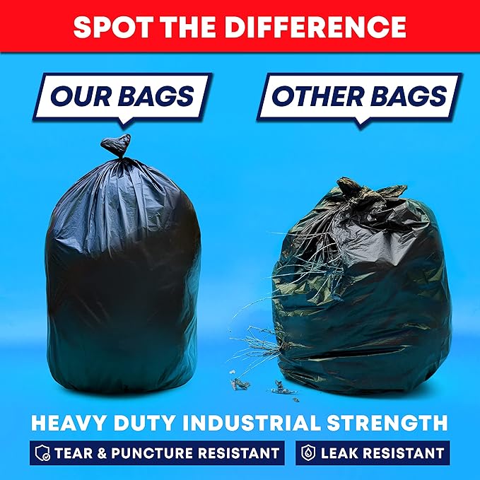 Veska Contractor Garbage Bags 55 Gallon Heavy Duty (MegaValue 50 Bags w/Ties) Contractor Trash Bags 50-60 Gallon 3 Mil Contractor Bag Heavy Duty 55 Gallon, Extra Large Industrial Contractor Trash Bags