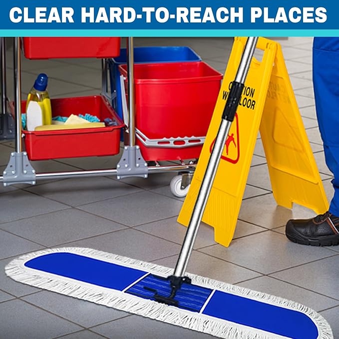 Solipect 48 inch Commercial Dust Mop for Hardwood Floors, Large Size Dry Mop, Reusable Cotton Yarn Head, Telescopic Stainless Steel Handle, Industrial dust mops for Floor Cleaning, Marble, Blue