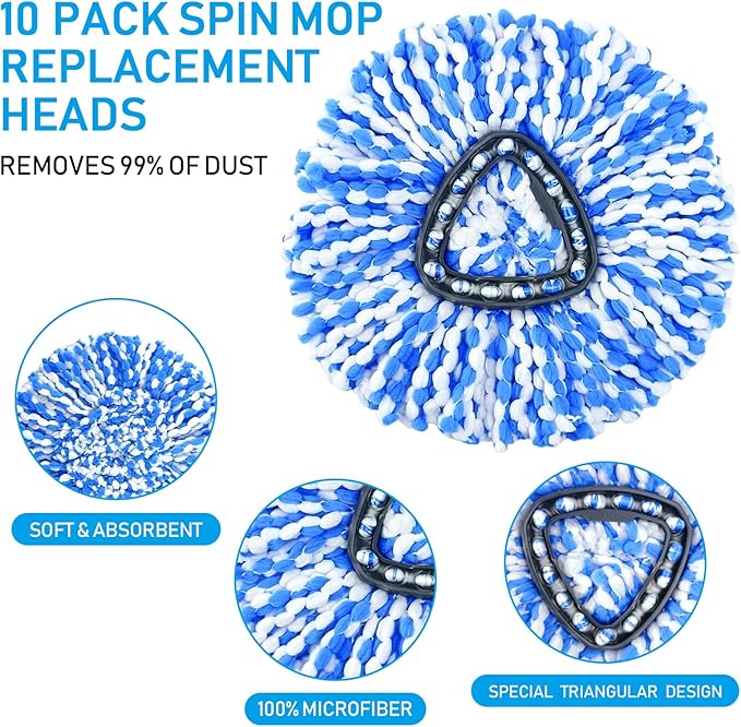 10 Pack Mop Replace Heads Compatible with O-Cedar Easywring Rinseclean 2-Tank System, Spin Mop Head Replacement, Microfiber Mop Refills for Deep Cleaning, Washable and Reusable
