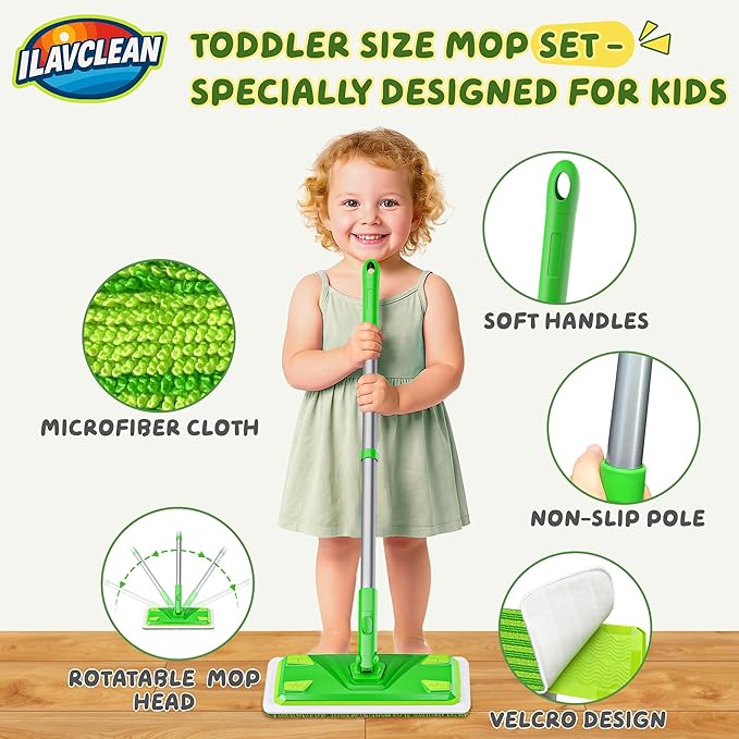 ILAVCLEAN 2-Set Toy Mop for Kids - Toddler Real Spray Flat Floor Mop Montessori Cleaning Toy Set, Educational and Fun Gifts for Boys and Girls Ages 4+