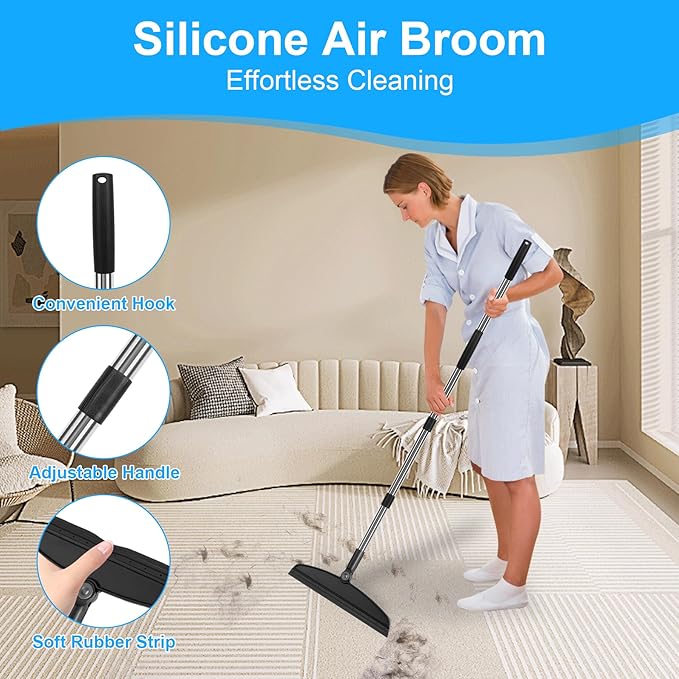 UDUK Broom with Dustpan Combo Set and Silicone Air Broom Kit, 51" Long Handle Floor Squeegee, Black Household Kit for Glass Window Rugs Pet Hair Home