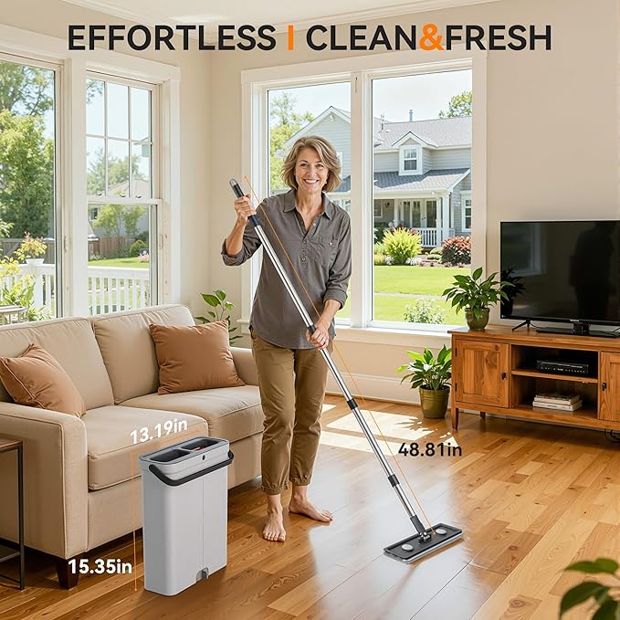 POPMOP Compact Floor Mop and Bucket - Flat Mop and Bucket with Wringer Set Hands Free | Wet Dry Mop for Apartment, Tiny Home, RV, Windows, Wall, Hardwood, Vinyl, Floor with 6 Microfiber Cloths