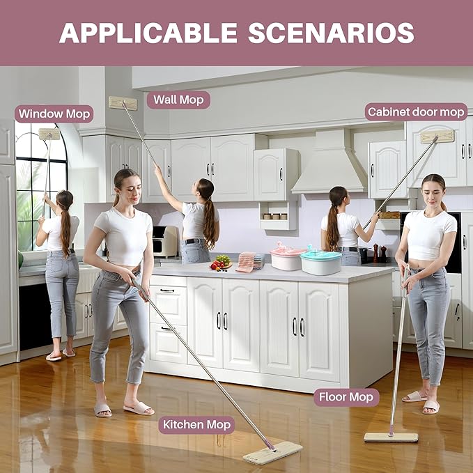 JOYMOOP Flat Mop, Microfiber Mops for Floor Cleaning and Wall Cleaner, 50" Mops with 13" Flat Head with a Microfiber Mop Pad - Beige & Blush Brown