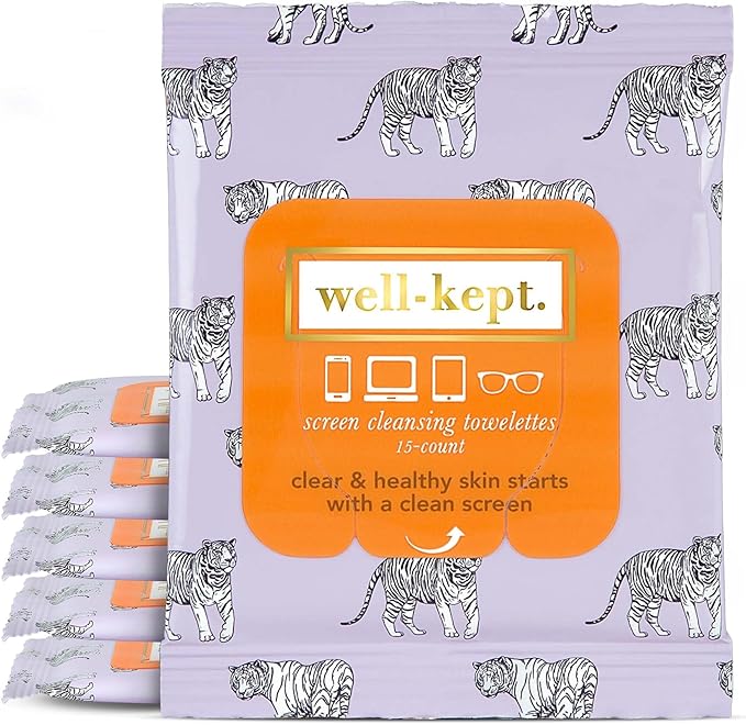 Well-Kept Tech & Lens Wipes - Eyeglass, Screen & Phone Cleaning, Multi-Surface, Lint-Free, Pre Moistened, Streak-Free & Non Scratching - Tiger Pose, 6 Pack (90 Count)