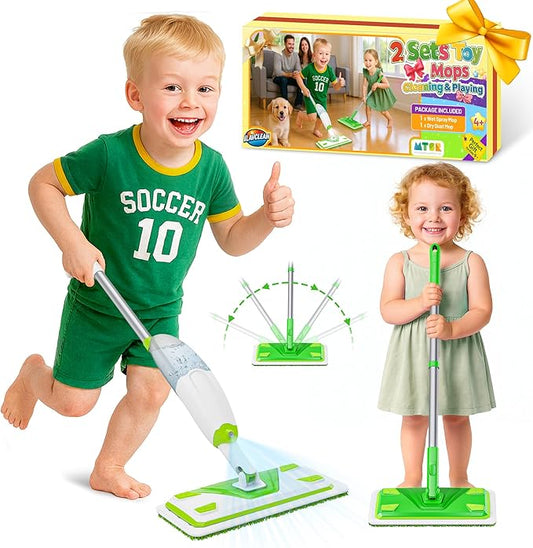 ILAVCLEAN 2-Set Toy Mop for Kids - Toddler Real Spray Flat Floor Mop Montessori Cleaning Toy Set, Educational and Fun Gifts for Boys and Girls Ages 4+