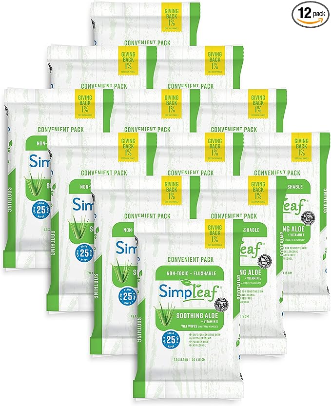 Simpleaf Flushable Wet Wipes Aloe Vera| Eco-Friendly, Paraben & Alcohol Free | Hypoallergenic & Safe for Sensitive Skin | Soothing Aloe Formula | (12 x 25 Counts Convenient Pack) 300 Counts Total