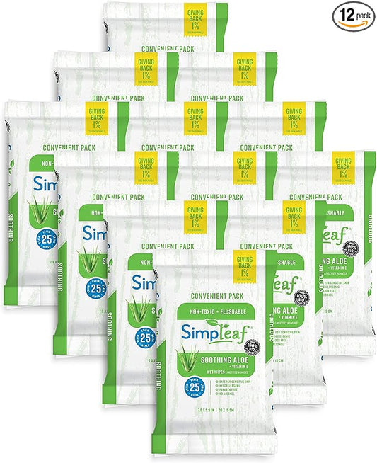 Simpleaf Flushable Wet Wipes Aloe Vera| Eco-Friendly, Paraben & Alcohol Free | Hypoallergenic & Safe for Sensitive Skin | Soothing Aloe Formula | (12 x 25 Counts Convenient Pack) 300 Counts Total