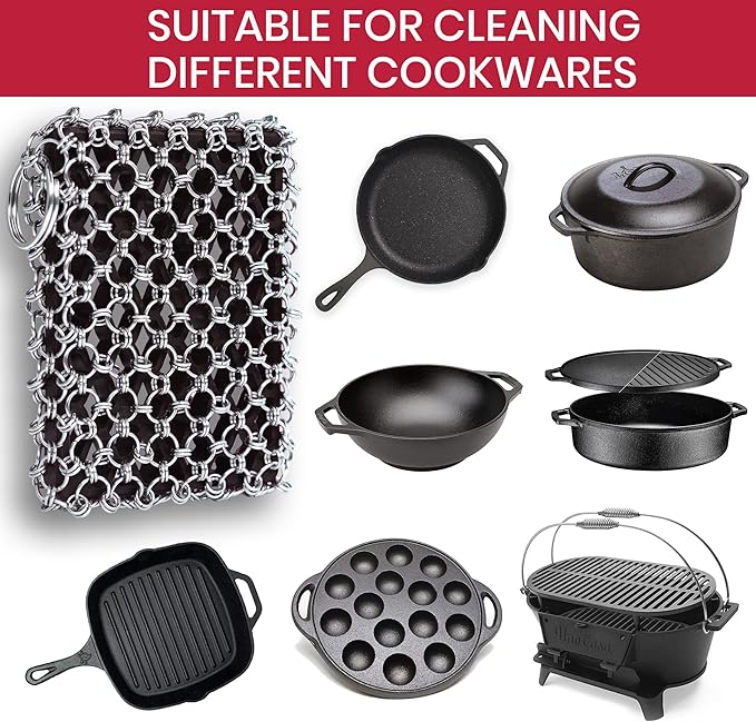 Zylark 316L Cast Iron Scrubber + Scraper Tool - Pan Cleaner Scrubber with Silicone Insert - Cast Iron Cleaning Kit - Chainmail Scrubber for Cookware