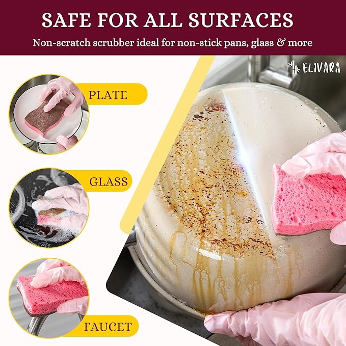 ELIVARA Kitchen Sponges – 12 Pack – Non-Scratch Dual-Sided Cellulose Scrub Sponges for Dishes, Pots, and Pans – Durable, Absorbent, and Reusable (Brown/Pink)