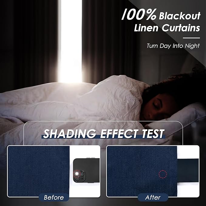100% Blackout Linen Curtains 94 Inch Length 2 Panels for Living Room Loop Pocket Pinch Pleated Black Out Drapes Navy Blue Heat Reducing Total Blackout Window Curtain for Boy Man Bedroom