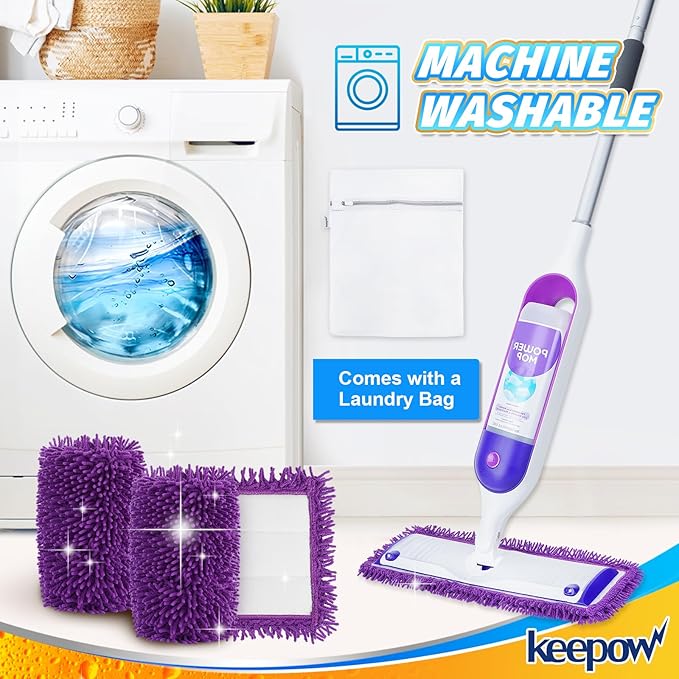 KEEPOW 8 Pack Reusable Mop Pads Compatible with Swiffer Power Mop Replacement Mop Refill Pads for Power Mop Wood Floor Cleaning Microfiber Mop Pads for Hardwood Floors