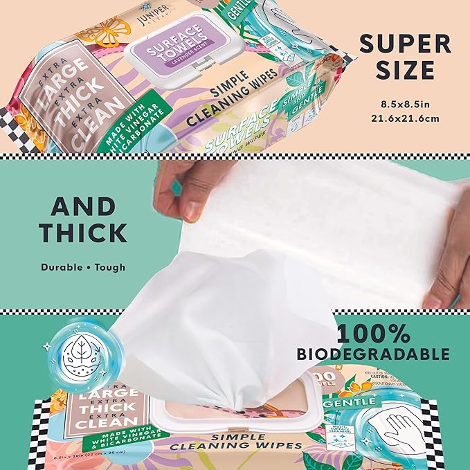 Single Surface Cleaning Wipes Bleach Free, Thick & Large Dispose, All-Purpose Cleaner for Bathroom, Kitchen, Office, 100 Count Soft Flow, Biodegradable, Lavender Scent