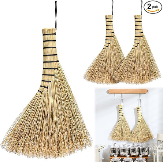 Suclain 2 Pcs Small Corn Whisk Brush Broom 100% Handmade 12 Inch Handheld Brush Whisks Natural Corn Short of Asian Whisk Broom with Nylon Thread Handle for Household Sweeping Indoor Outdoor (Style B)
