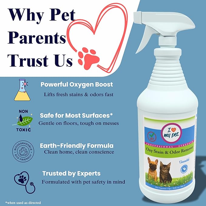 Theochem I Love My Pet Oxy Carpet Cleaner Spray, Oxygen-Powered Stain & Odor Remover for Dog & Cat Accidents, Unscented, 32 oz