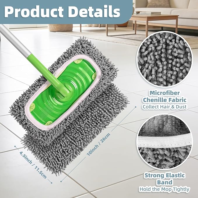 Nicemiya 6 Pack Reusable Mop Pads Compatible with Swiffer Sweeper, Washable Wet & Dry Mopping Sweeping Cloth for Multi-Surface Cleaning, Microfiber Chenille Pad Refills (Gray, Not Include MOP)