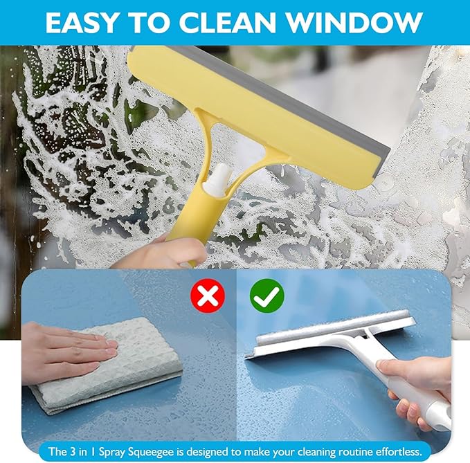 3 in 1 Spray Window Squeegee Cleaner Scraper, WindowSqueegee with Brush and Built-in Spray BottleAll-Purpose Shower Glass, Mirrors, Car, Home Window Cleaner Tool (Yellow)