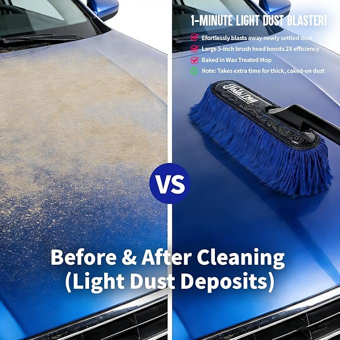 Flash Dog Wood Handle Car Duster Exterior + Mini Interior Brush Waterless Exterior Scratch-Free Cleaning for Cars/SUV/Truck/RV & Dash Detailing | Waxed Cotton & Microfiber