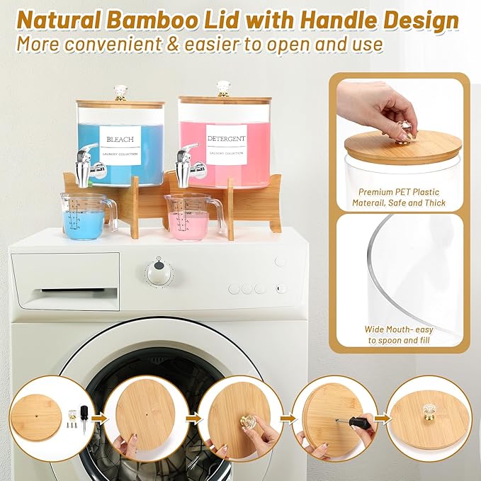 2Pcs Laundry Detergent Dispenser, Laundry Soap Dispenser with Stand, Faucets Acrylic Laundry Detergent Container for Laundry Room Liquid Detergent, Bleach, Fabric Softener Organization and Storage