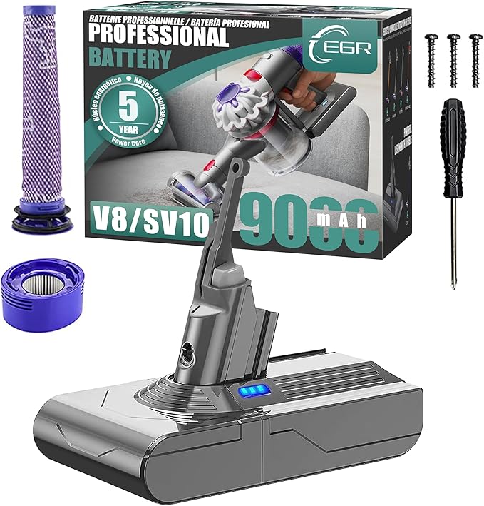 EGR Upgraded 9000mAh V8 Battery Replacement Compatible with Dyson V8 Animal Battery Replacement V8 Absolute/Motorhead/Fluffy SV10 Carbon Fiber Vacuum Cleaner 2 Filters and 3 Screws Included