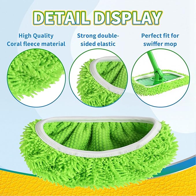 Sakerplus Chenille Mop Refill Pads for Home Use– Replacement Mop Heads for Floor Cleaning,Fits Most Standard Mops, for Hardwood Tile Laminate Floors (Fluorescent Green 6PCS)