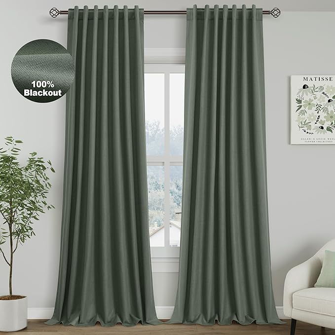 Blackout Olive Green Linen Curtains 96 Inches Long Back Tab Heat Reflective Full Light Block Out Curtains 2 Panels for Bedroom Windows Textured Long Draperies with Liner Floor to Ceiling Length 8Ft