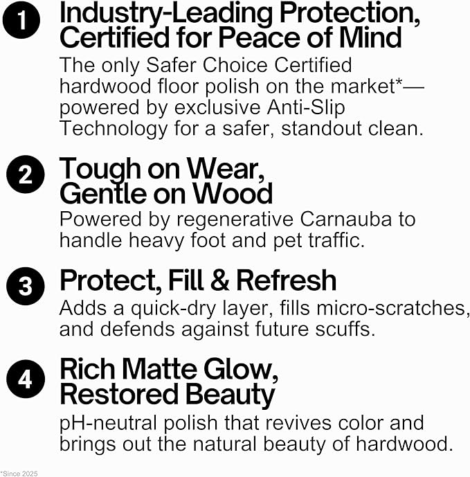Quick Shine Hardwood Floor Luster-Polish 64oz-4pk | Plant-Derived w/Carnauba | Safer Choice, No PFAS, pH Neutral | Ready to Use Formula w/Anti-Slip Technology | Simply Squirt & Spread | Made in USA