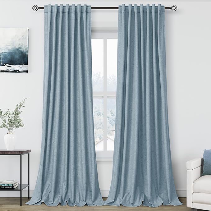 Nanspring Blue Linen 100% Blackout Curtains 144 inch Length Back Tab Rod Pocket DrapesThermal Insulated Textured Living Room Blackout Curtains 2 Panels Set 52x144