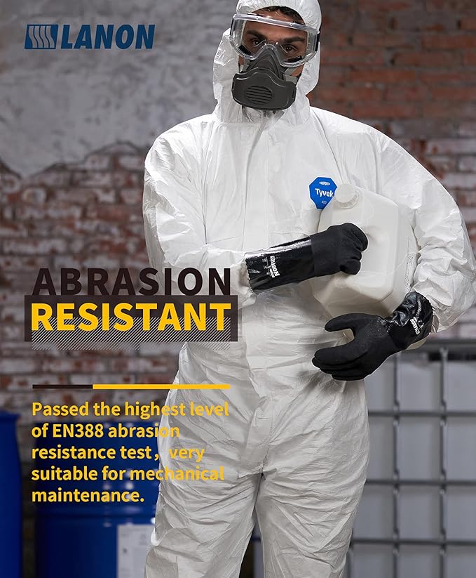 LANON Nitrile Chemical Resistant Gloves, Reusable Heavy-Duty Rubber Gloves with MicroFoam Textured Palm, Acid, Alkali and Oil Protection, Black, Large