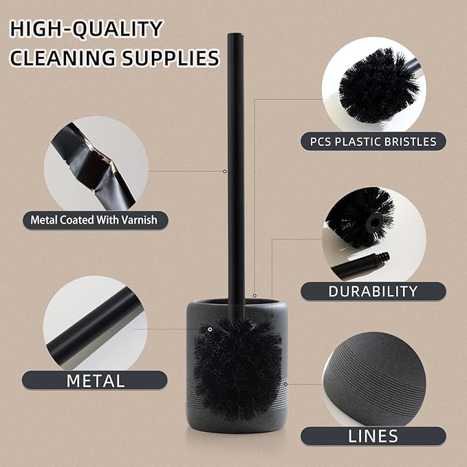 Haocoott Toilet Brush and Holder Set, 2 PCS Decorative Toilet Bowl Brush and Holder Set Bathroom Aceessories Toilet Scrubber Brush Set with Heavy-Weight Resin Base with Long Handle (Black)
