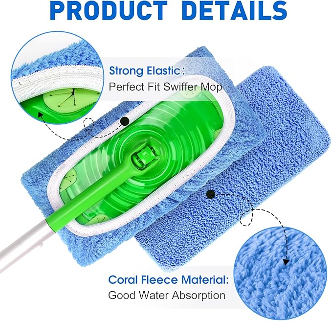 8Pcs Blue Reusable Microfiber Mop Pads Compatible with Swiffer Sweeper Mops,Dry Sweeping Cloths & Wet Pads Refills,Washable Mop Pads for Floor Cleaning
