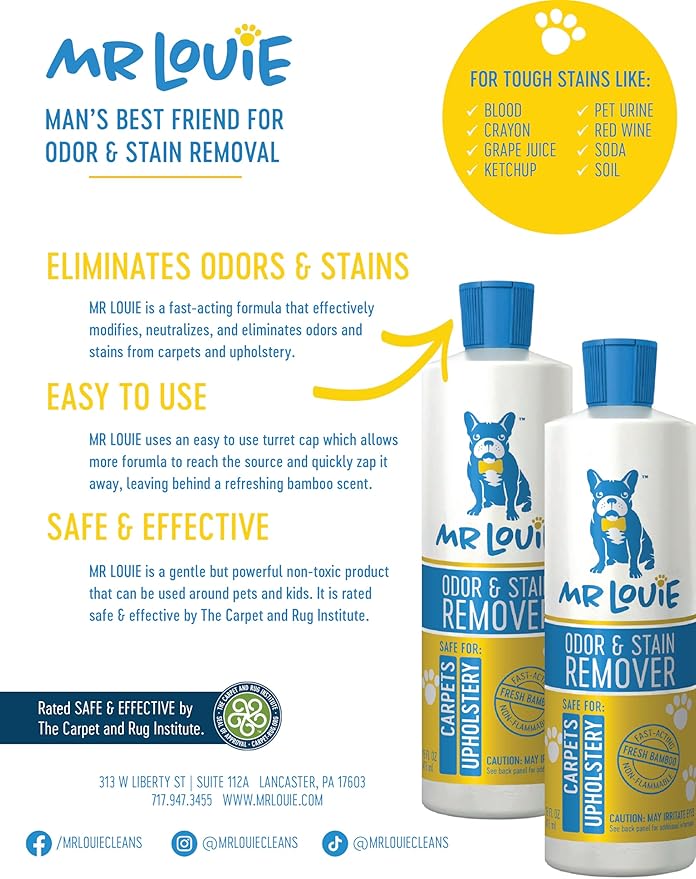 MR LOUIE ODOR & STAIN REMOVER - Safe For Use Around Kids and Pets. Incredibly tough on odors and stains from Blood, to Cat/Dog Urine, Feces, Vomit, to Food Stains like Ketchup, Red Wine, and Coffee.