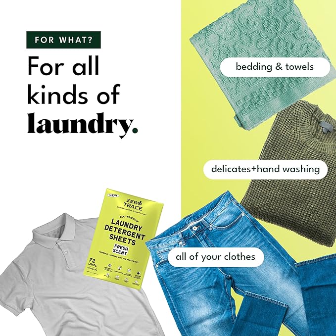 Zero Trace All Natural Laundry Detergent Sheets Eco Friendly - Laundry Soap - Travel Laundry Detergent with Fresh Scent (72 Loads 36 Sheets)