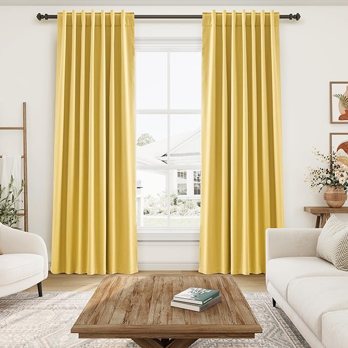 Gold Yellow Linen Curtains 120 Inches Long Back Tab Rod Pocket Thermal Insulated Noise Reducing Extra Long 10 FT Room Darkening 2 Panels Set for Living Room Elegant Modern Curtains Drapes 52x120