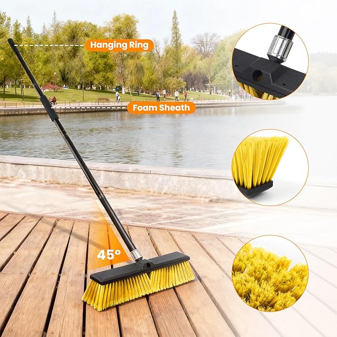 TOMAIX 18 Inches Push Broom Outdoor，Commercial Broom Brush，Stiff Bristle Brush with 61.8 inches Long Handle for Patio Garage Deck Street Shop Warehouse Lawn Driveway -2 Pack
