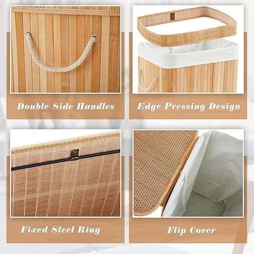 1 Pack Bamboo Slim Trash Can with Lid, 21 Gallon Large Foldable Slim Rectangular Garbage Can Bamboo Waste Basket for Bathroom Bedroom Office Home Salon Spa (23.6×15.8×11.8inches,Wooden Color)