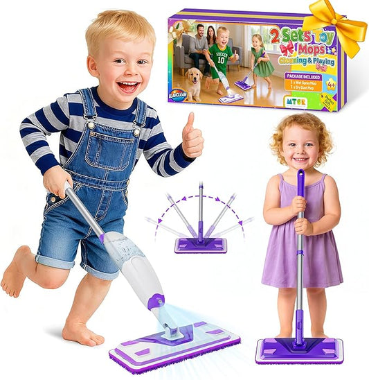 ILAVCLEAN 2 Set Toy Mop for Kids - Toddler Real Spray Flat Floor Mop Montessori Cleaning Toy Set, Educational and Fun Gifts for Boys and Girls Ages 4+