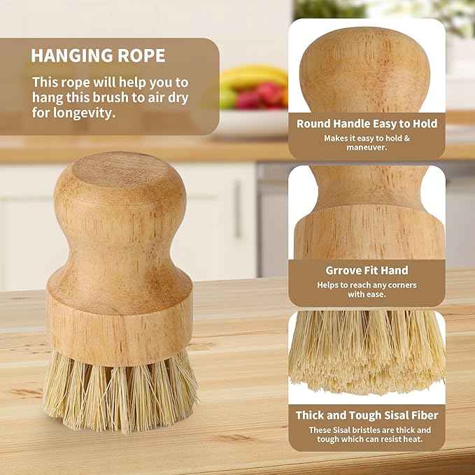 Axigundaone 12 Pack Bamboo Palm Dish Brush Bulk, Bamboo Dish Scrubber, Wood Scrub Dish Brush for Dishes Pans, Pots,Vegetables Cleaning