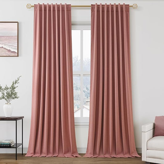Blackout Linen Curtains 90 Inch Length 2 Panels Canyon Rose Rustic Farmhouse Back Tab Pocket Noise Reducing Drapes Thermal Insulated Flax Linen Curtains for Bedroom and Nursery Windows 52X90