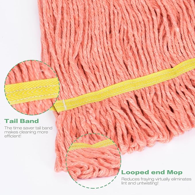 Matthew Cleaning Heavy Duty Mop Head Replacement, 5 Inch Wide Headband, Color Coded Looped End Cotton String Wet Mops for Floor Cleaning, Medium Size 18 oz, 12 Pack