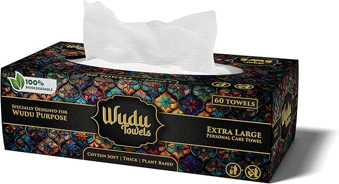 Wudu Towel After Ablution – 60 Count (Pack of 1) – Biodegradable Cloth-Based Dry Towels – Islamic Prayer Accessory for Home, Mosques, Travel – Pairs with Prayer Beads, Mats & Qibla Compass
