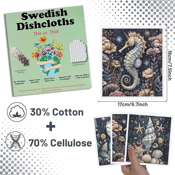 Ocean Swedish Dishcloths for Kitchen - 6PCS Ocean Animals Swedish Cloths for Washing Dishes Reusable Under The Sea Washable Sponge Cloths Kitchen Towels for Home Party Cleaning Housewarming