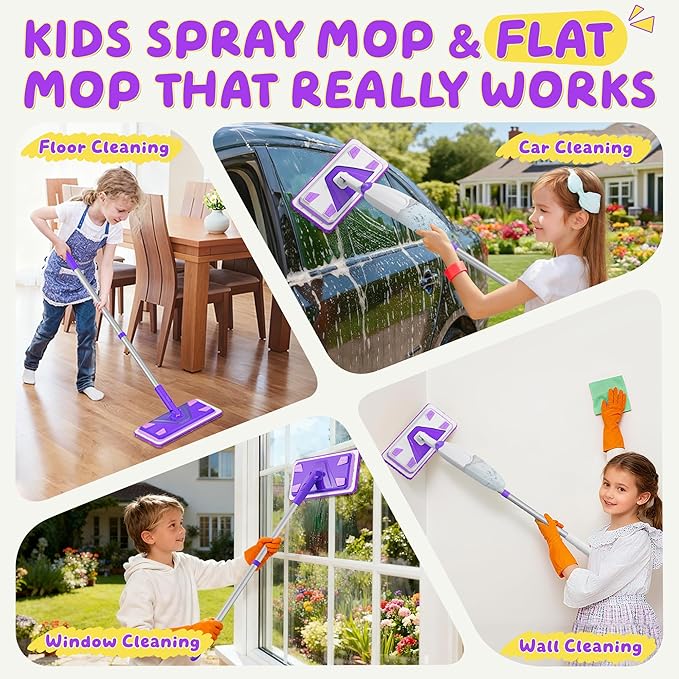 ILAVCLEAN 2 Set Toy Mop for Kids - Toddler Real Spray Flat Floor Mop Montessori Cleaning Toy Set, Educational and Fun Gifts for Boys and Girls Ages 4+